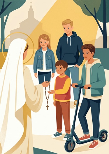 Ilustracja: Matka Boża podaje różaniec dzieciom i młodzieży przed kościołem - zaproszenie na październikowe nabożeństwa różańcowe