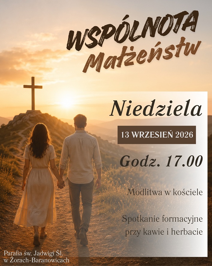 Plakat: Wspólnota Małżeństw - niedziela 13 września 2026, godz. 17.00, modlitwa w kościele i spotkanie formacyjne